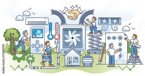 HVAC contractor and professional climate control installation outline concept, transparent background. Heat, ventilation and air conditioning unit maintenance, assembly and fix service illustration.
