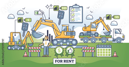 Excavator rental service with heavy machinery showroom outline concept, transparent background. Company with industrial bulldozer rent or selling service illustration. Mechanic vehicle lease. photo