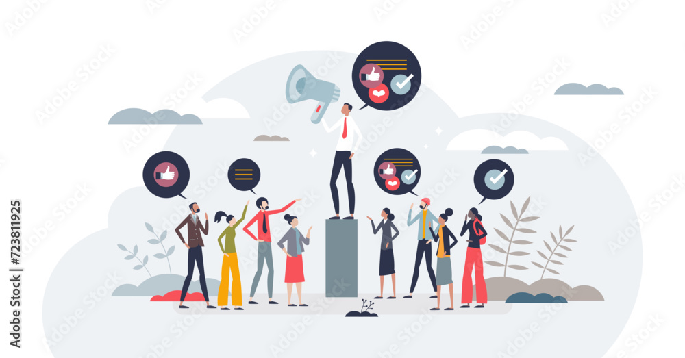 Social influence and influencer power for promotion tiny person concept, transparent background.Share information to audience and society in social media illustration. Social influence and influencer power for promotion tiny person concept, transparent background.Share information to audience and society in social media illustration.