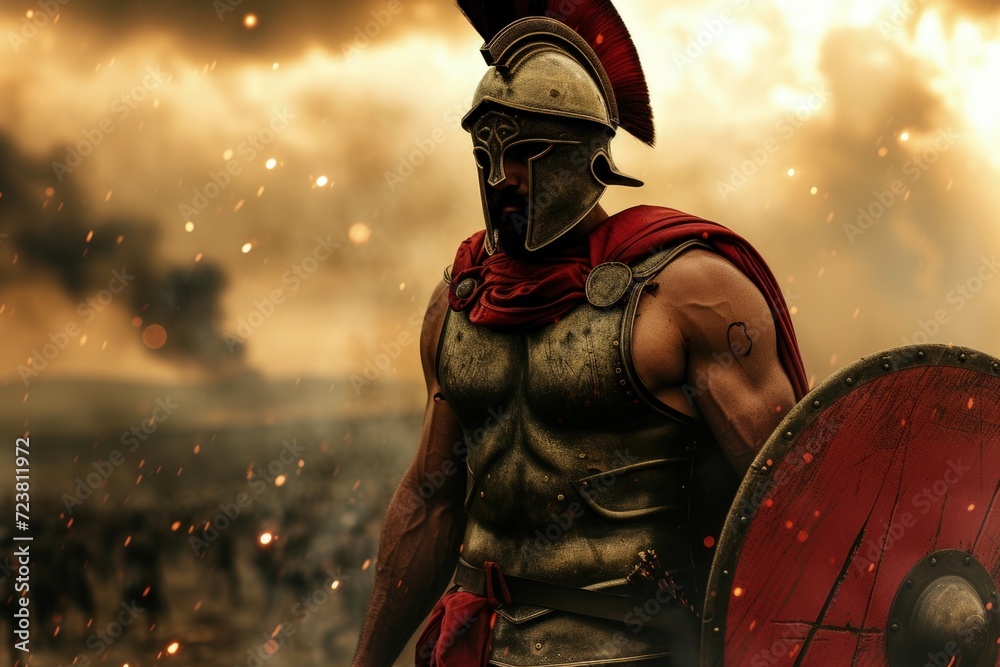Fototapeta premium Spartan warrior with shield and helmet, battlefield in the background.