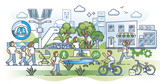 Walkable cities and ecological infrastructure for pedestrians outline concept, transparent background. Town lifestyle with healthy transportation, running, walking and cycling illustration.