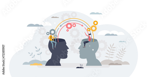 Social cognition as empathy skills to understand thoughts tiny person concept, transparent background.Ability to feel people to interact or connect illustration.