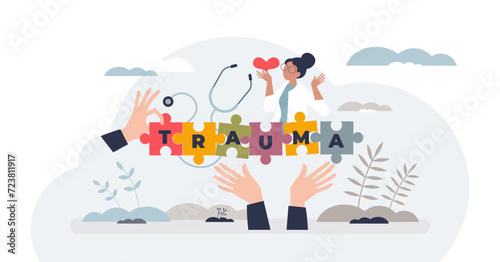 Trauma informed care with understanding about patient body health condition tiny person concept, transparent background. Complex medical treatment and therapy.