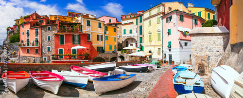 Italy travel, Liguria region.  Scenic colorful traditional village Tellaro with old fishing boats. la Spezia province photo
