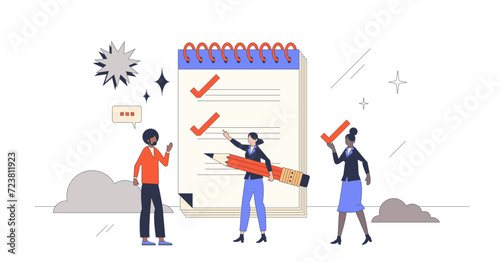 To do list or checklist for work tasks organization retro tiny person concept, transparent background. Effective report with completed jobs and reminder about future tasks illustration.