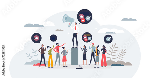 Social influence and influencer power for promotion tiny person concept, transparent background.Share information to audience and society in social media illustration.