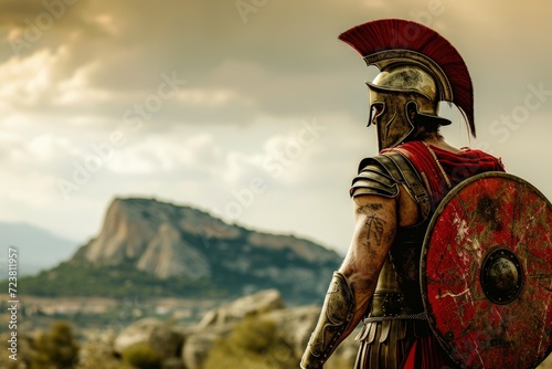 Spartan warrior with shield and helmet, battlefield in the background.