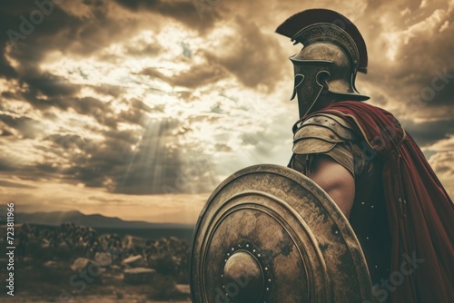 Wallpaper Mural Spartan warrior with shield and helmet, battlefield in the background. Torontodigital.ca