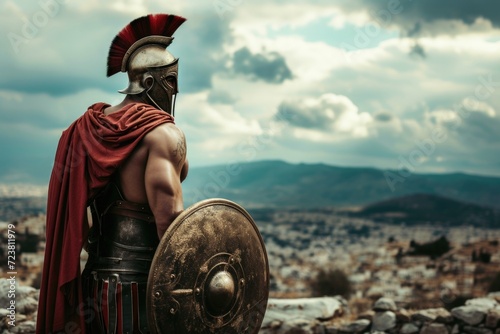 Wallpaper Mural Spartan warrior with shield and helmet, battlefield in the background. Torontodigital.ca