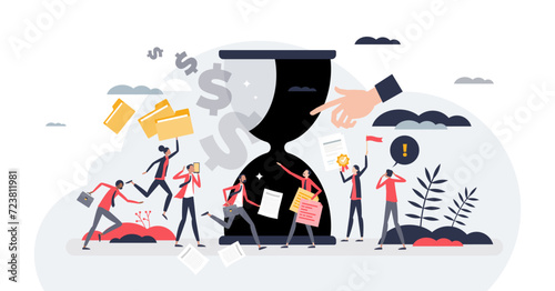 Business deadlines with hourglass and stressed managers tiny person concept, transparent background.Anxiety from urgent project and work organization illustration.