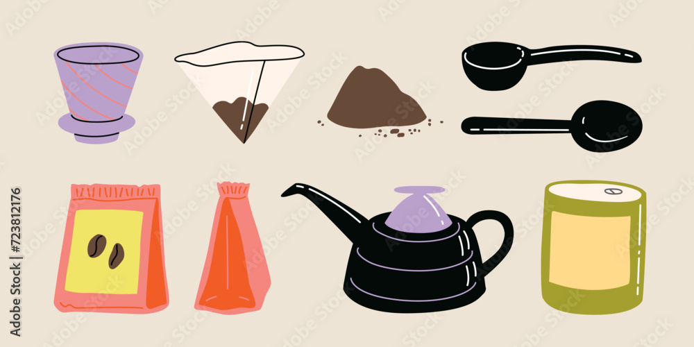 Vector hand painted specialty coffee illustration alternative preparing method. Cute flat simple hand drawn icon collection