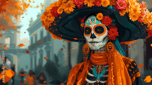 Dia de los muertos. Day of The Dead. Woman with sugar skull makeup on a floral background. Calavera Catrina. Halloween. Generative Ai photo