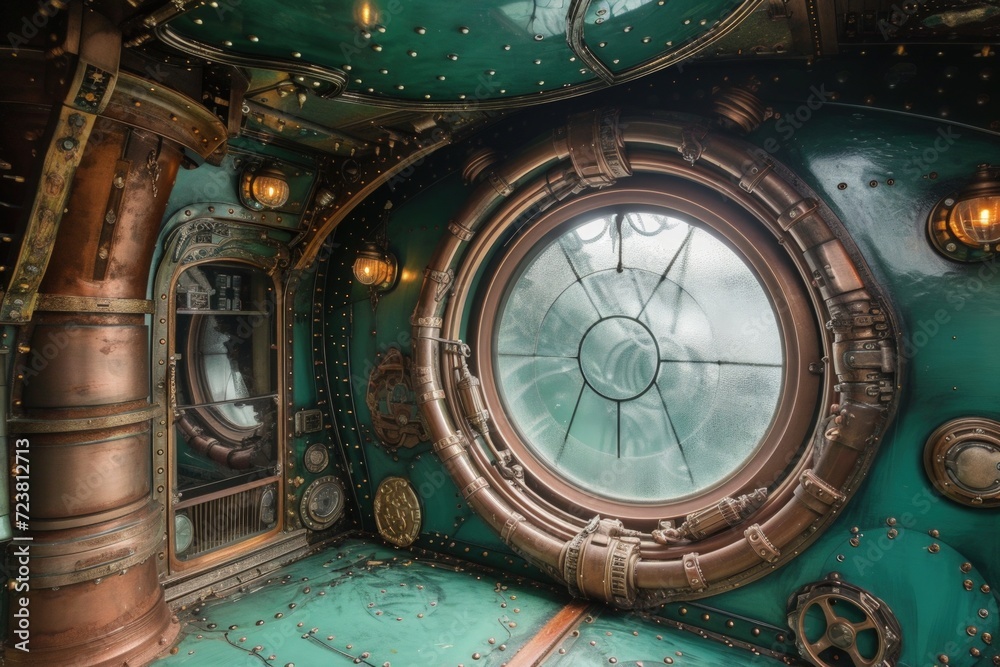 View from inside a round airship with glass, steampunk style.