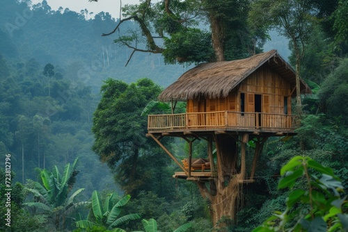 Landscape with wooden house in a tree in the jungle. © Deivison