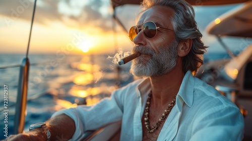 A man smoking a cigar while standing on his yacht in the middle of the ocean