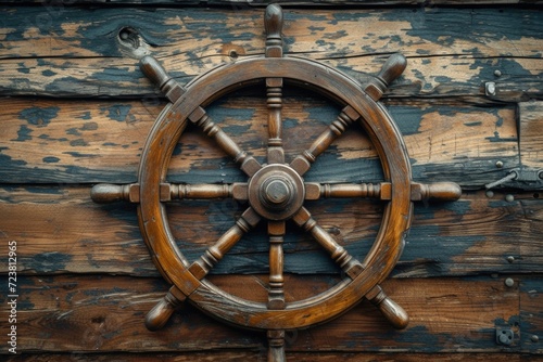 Wooden rudder of pirate ship, wooden background.