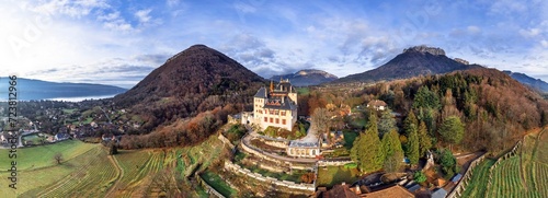 Most beautiful medieval castles of France - fairytale Menthon located near lake Annecy. aerial panoramic view.