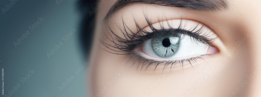 Close up of beautiful woman's eye with long eyelashes. Horizontal banner Close up of beautiful woman's eye with long eyelashes. Horizontal banner