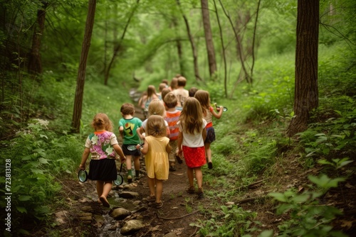 A group of children are exploring a forest.