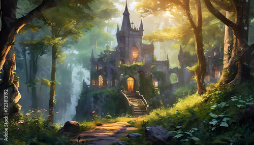 Castle background in the forest that could be used in a fantasy game 1