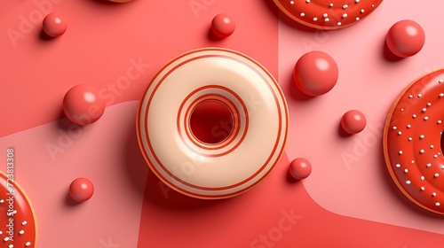 Geometric composition with round red objects and a plate on a coral background. Suitable for simple and aesthetic product presentations and graphic design
