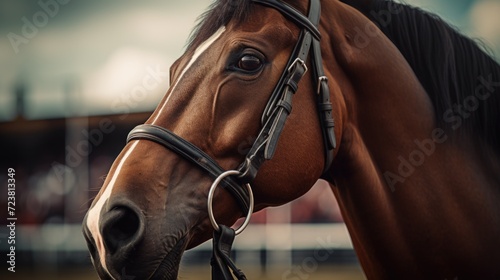 Close up of a brown horse wearing a bridle. Perfect for equestrian enthusiasts and horse lovers © Fotograf