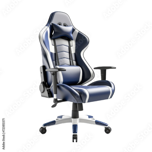 Blue and white gaming chair on a cutout PNG transparent background