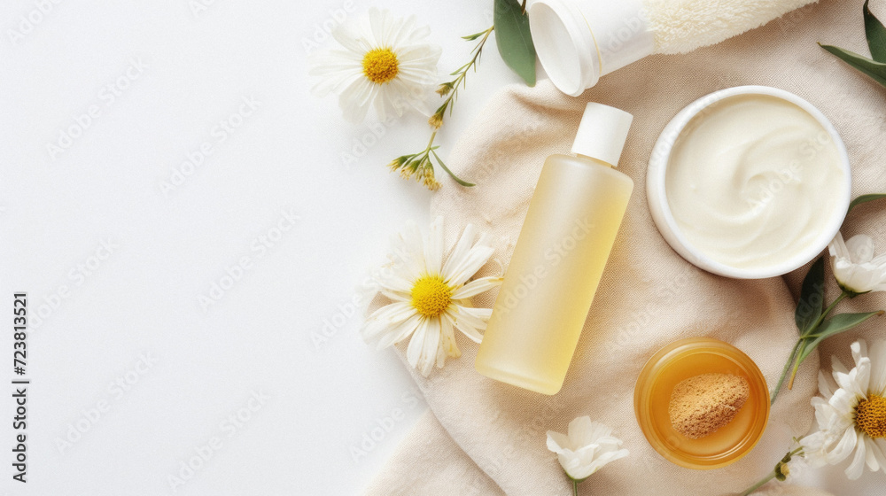 Flat lay composition with cosmetic products and chamomile flowers on white background