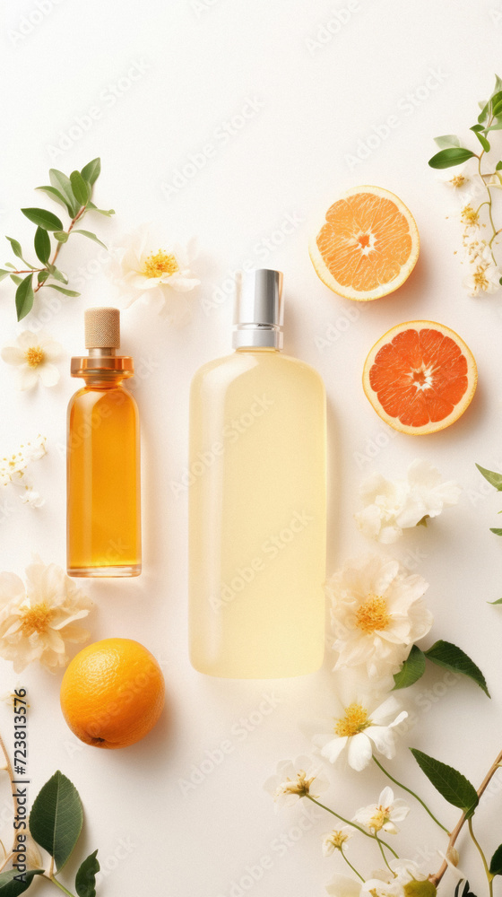 Bottle of perfume with fresh citrus fruits and flowers on white background Bottle of perfume with fresh citrus fruits and flowers on white background