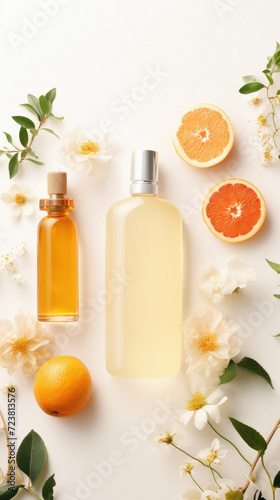 Bottle of perfume with fresh citrus fruits and flowers on white background