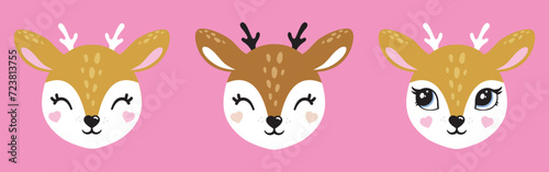 Illustration of cute deer, fawn. Baby, child, cute portrait. Little face, little animal, pet. Brown character, colorful graphic. Stickers, wall art, kids room decoration, cutie full face, small fawn