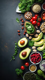 Healthy food clean eating selection on dark background. Top view with copy space