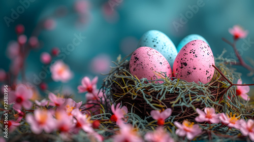 Three Eggs in a Nest With Pink Flowers