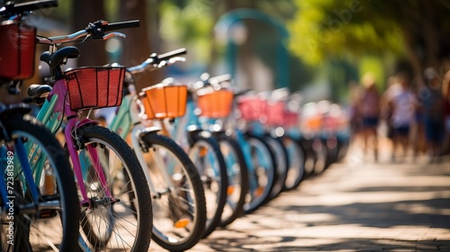 Vibrant array of colorful bicycles lined up at an outdoor bike rack in a cycling haven