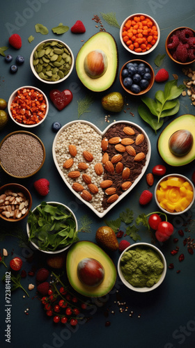 Healthy food selection in heart shaped bowls over dark blue background .