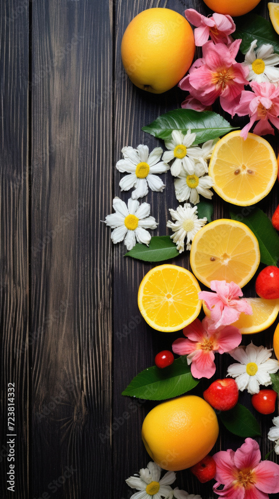 Fruits and flowers on wooden background. Top view with copy space