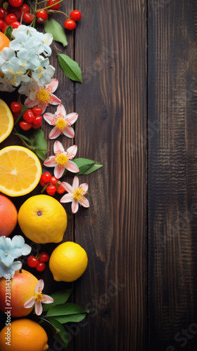 Citrus fruits and flowers on wooden background. Top view with copy space