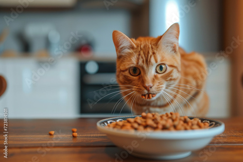 Beautiful domestic cat eating cat food from a bowl
