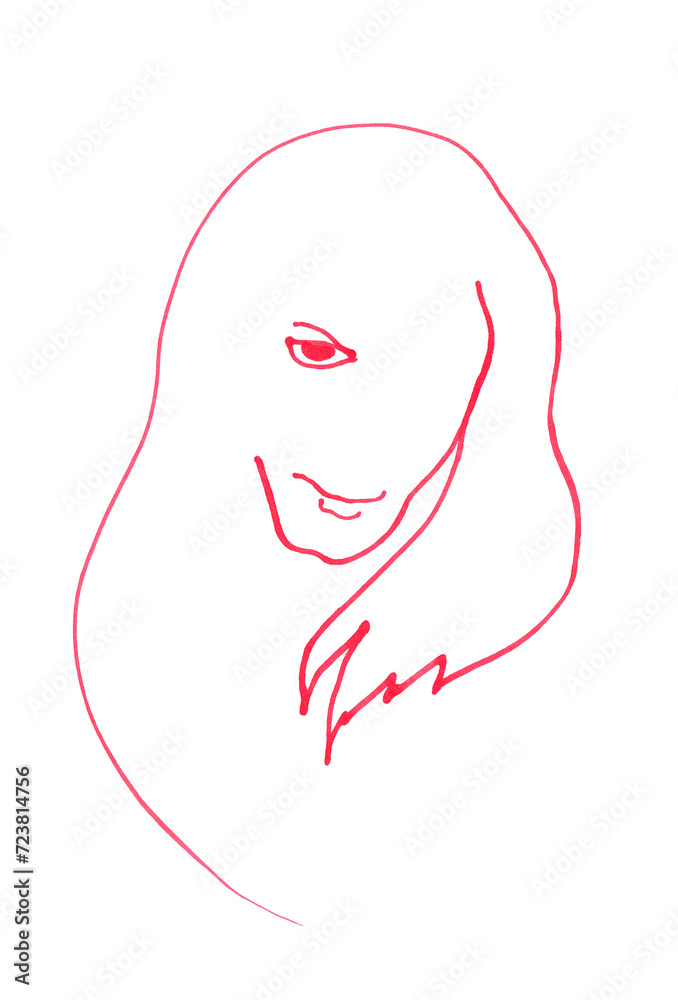 Isolated brutal male face in one-line art style. A stylized portrait of a devilishly smiling man with long hair flowing strands. Expressive creative profile by bright pink lines for fashionable design Isolated brutal male face in one-line art style. A stylized portrait of a devilishly smiling man with long hair flowing strands. Expressive creative profile by bright pink lines for fashionable design
