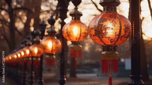 A row of red lanterns hanging from a pole. Can be used to add a festive touch to any event or celebration