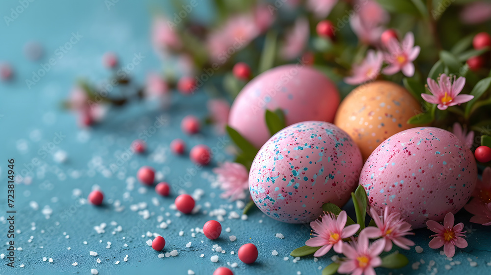 Blue Table Adorned With Pink and Yellow Eggs Blue Table Adorned With Pink and Yellow Eggs
