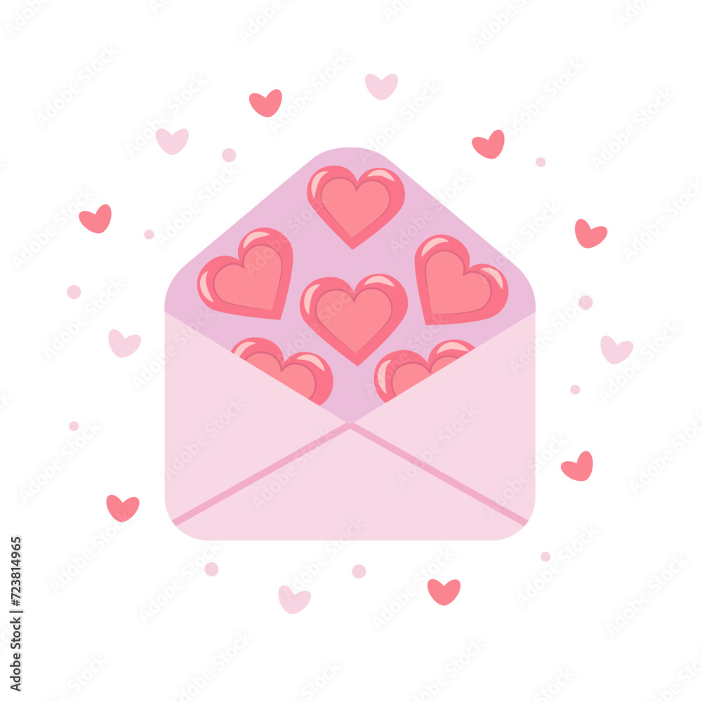 Envelope with hearts in cartoon style postcard