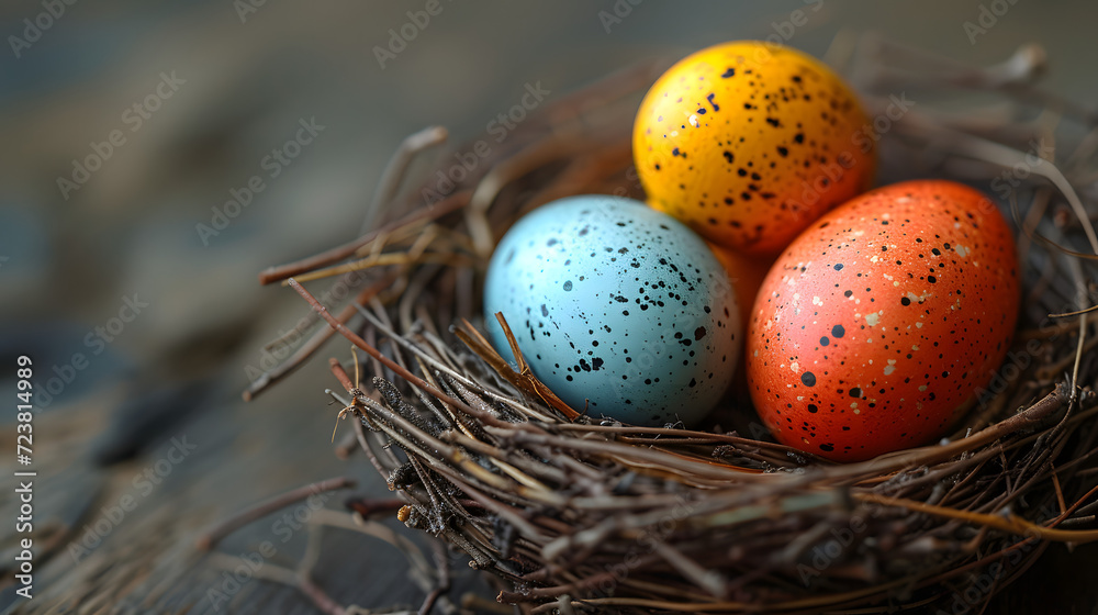Three Colorful Eggs in a Nest on a Table Three Colorful Eggs in a Nest on a Table
