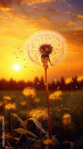 Beautiful dandelion flower on the background of the setting sun