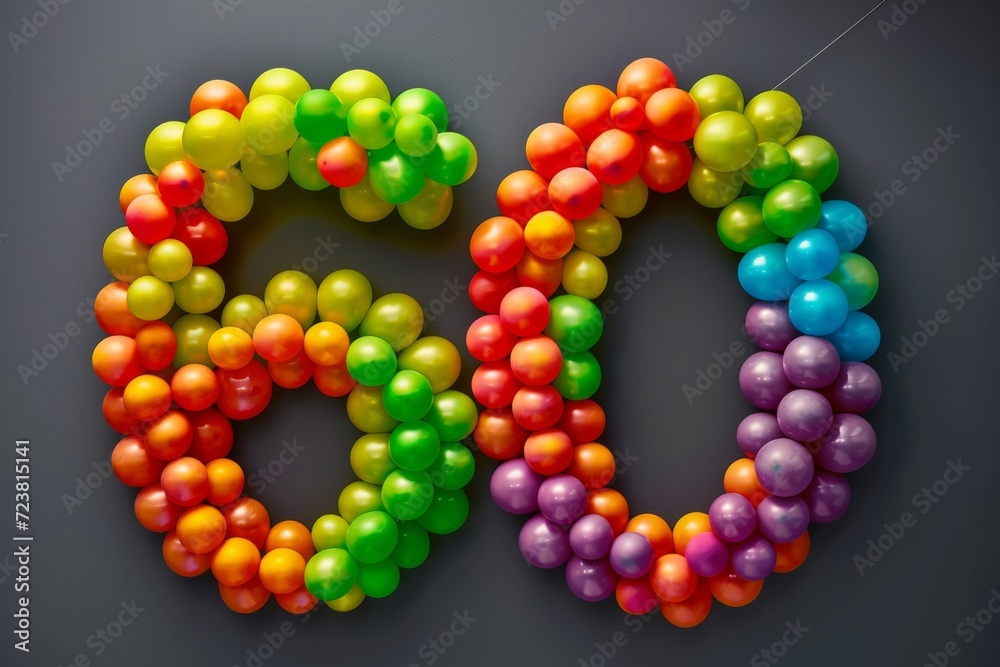 Number 60 made out of colorful balloons with a solid background. Age, anniversary, birthday, party celebration background. Number 60 made out of colorful balloons with a solid background. Age, anniversary, birthday, party celebration background.