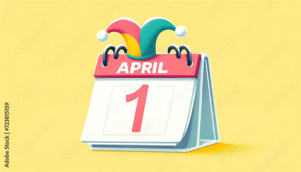 Desk calendar showing April 1st topped with a jester hat on a yellow background.April Fool's Day.