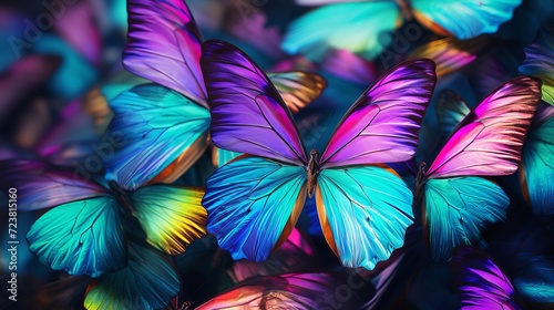 Close up of iridescent butterfly wings with vivid colors and delicate patterns in natural light