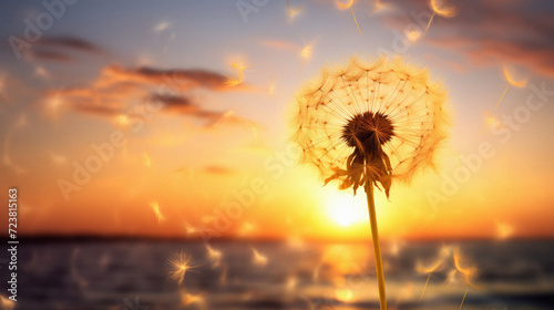 Dandelion flower on the background of the sea and sunset .