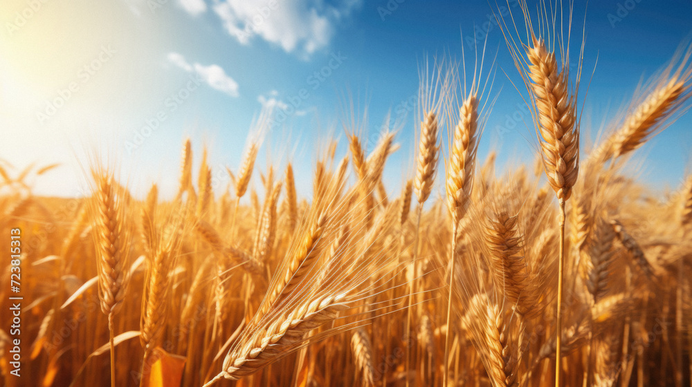 Fototapeta premium Wheat field. Ears of golden wheat close up. Rich harvest Concept .