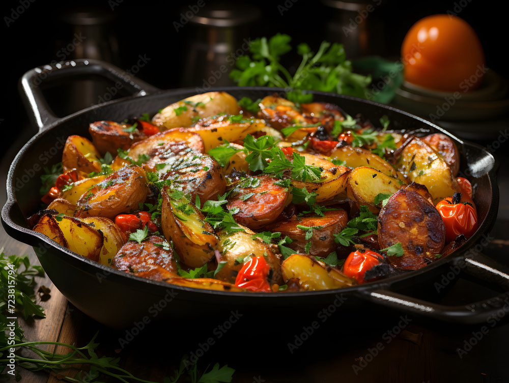 A skillet with sausages and potatoes